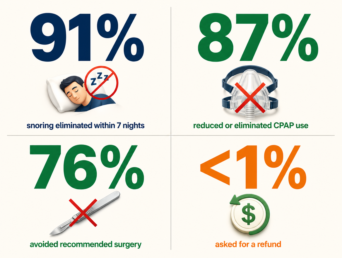 91% snoring eliminated, 87% reduced CPAP, 76% avoided surgery, less than 1% refund rate