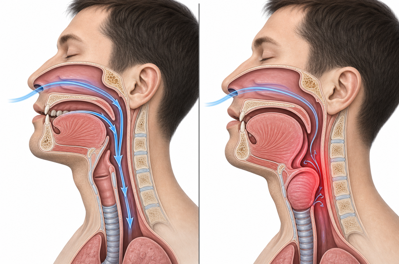 Side-by-side comparison: healthy open airway on the left vs collapsed airway on the right