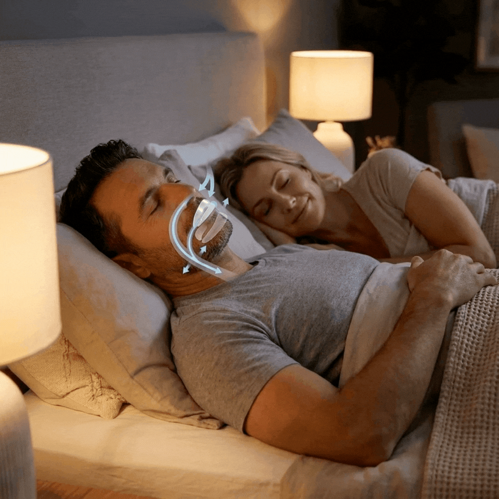 Couple sleeping peacefully — husband wearing the Zenouv mouthpiece, wife resting alongside him
