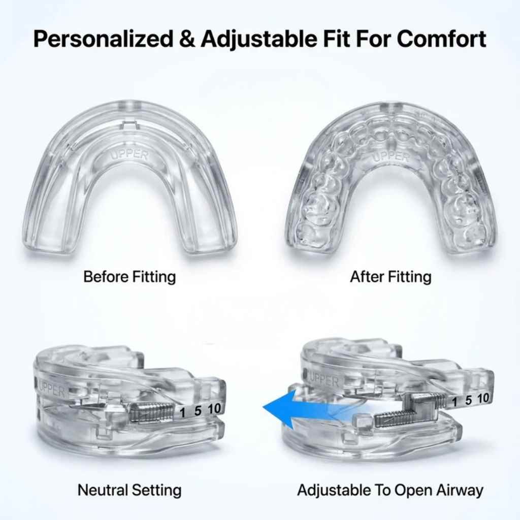 Personalized and adjustable fit for comfort — Before fitting, After fitting, Neutral setting, and Adjustable to open airway