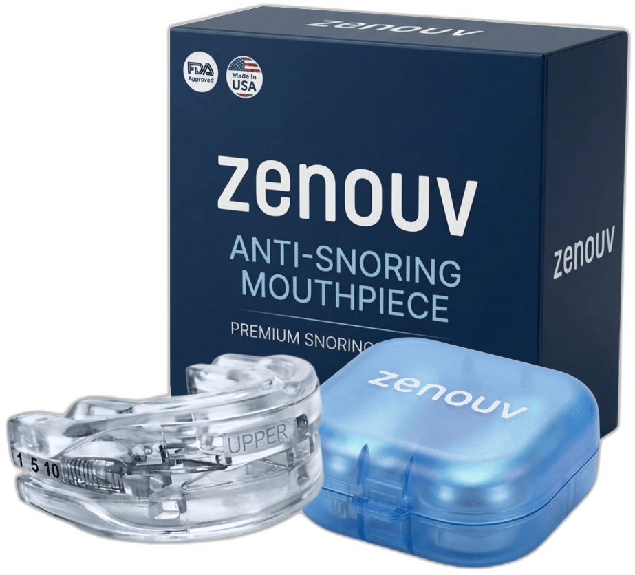 Zenouv Anti-Snoring Mouthpiece — full kit with branded box, mouthpiece, and blue travel case